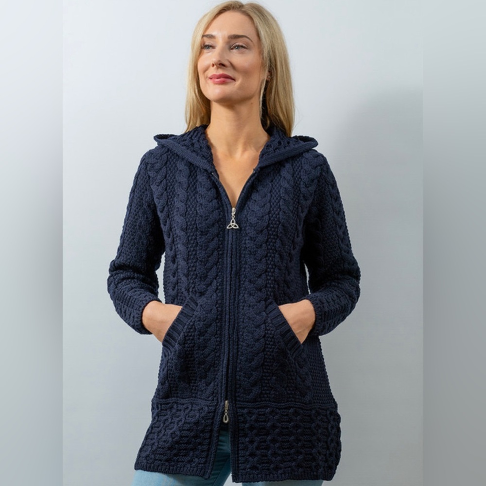 Aran Crafts HOODED COATIGAN WITH CELTIC KNOT ZIPPER PULL Navy